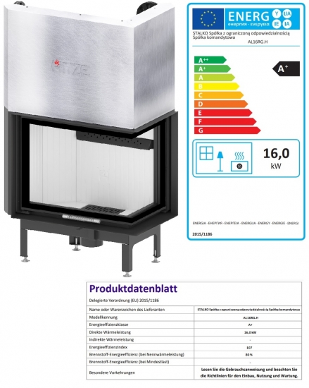 EEK A+ - Eck-Kamineinsatz HITZE Albero AL16RG.H DECO mit Schiebetür, Seitenglas rechts -16kW