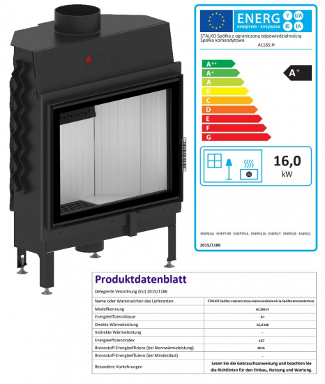 EEK A+ - Kamineinsatz HITZE Albero AL16S.H DECO -16kW