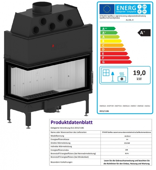 EEK A+ - Eck-Kamineinsatz HITZE Albero AL19L.H DECO mit Seitenglas links -19kW