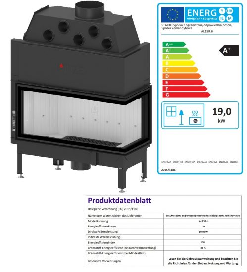 EEK A+ - Eck-Kamineinsatz HITZE Albero AL19R.H DECO mit Seitenglas rechts -19kW