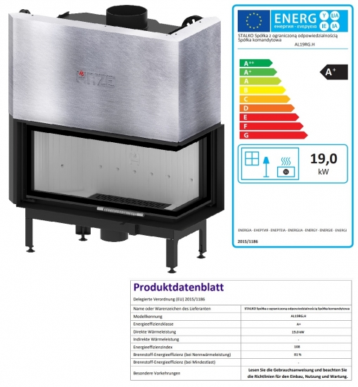 EEK A+ - ECK-Kamineinsatz Albero AL19RG.H DECO mit Schiebetür u. Seitenglas rechts -19kW