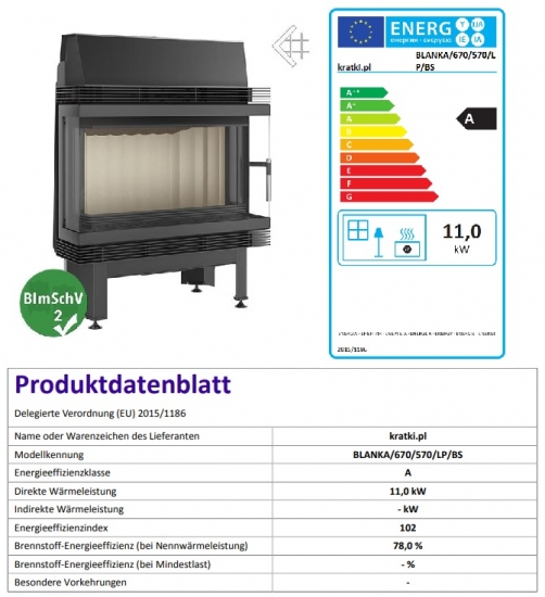 *EEK A - 3-Scheiben Kamineinsatz Kratki BLANKA 670/570/LP/BS - 11 kW