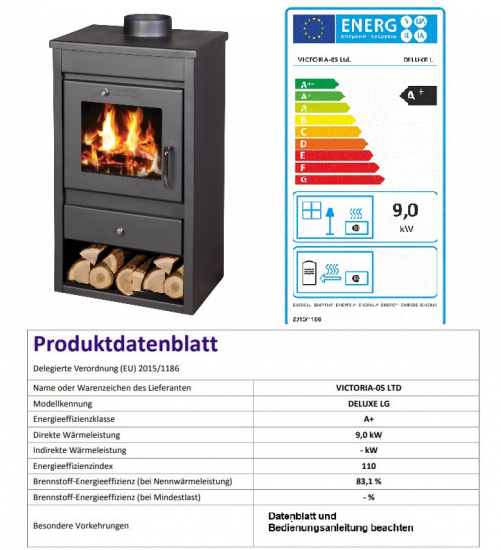 EEK A+ Kaminofen Victoria Deluxe L schwarz 9 kW