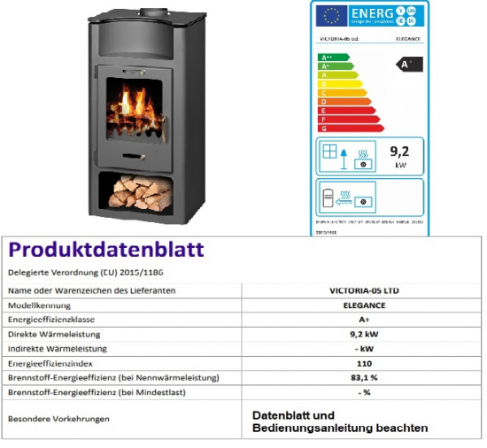 EEK A+ Kaminofen Victoria Elegance schwarz - 9,15 kW