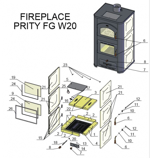 EEK A Wasserführender Kaminofen mit Backfach Prity FGW20, weiß - 23,8 kW + BIMSCHV II