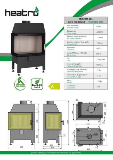 EEK A - Kamineinsatz HEATRO 55 L mit Klapptür - 9kW