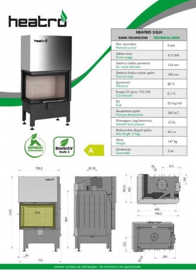 EEK A - Kamineinsatz HEATRO 55 LH mit Hebetür - 9kW