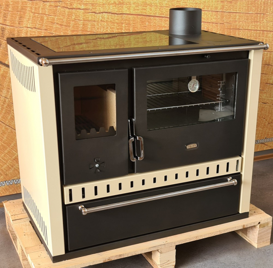EEK A Premium-Küchenofen Holzherd GT creme !Cerankochfeld!+!Edelstahlbackfach!-Dauerbrandherd - 15kW