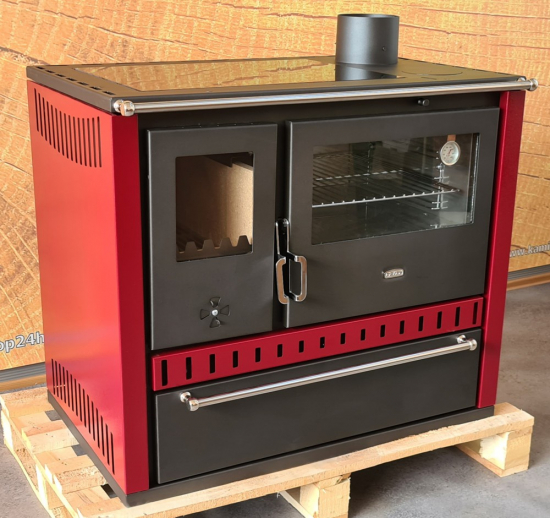 EEK A Premium-Küchenofen Holzherd GT bordeaux !Cerankochfeld!+!Edelstahlbackfach!-Dauerbrandherd - 15kW