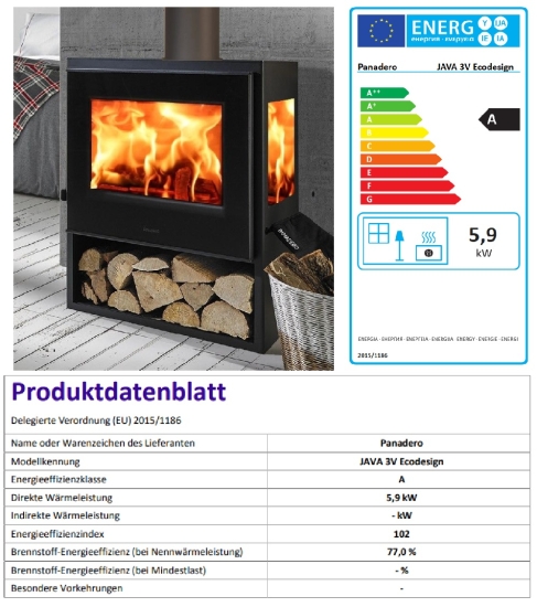 EEK A Kaminofen Panadero JAVA TRIVISION mit 3 Scheiben - 5,9 kW, raumluftunabh.