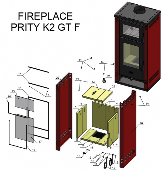 EEK A+ Kaminofen mit Backfach PRITY K2 GT F bordeaux – 8,1kW