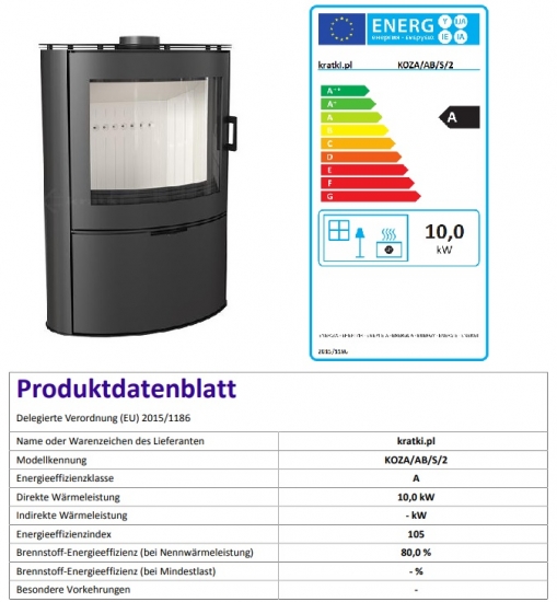 *EEK A - Kaminofen Kratki KOZA AB S 2, "riesige runde Sichtscheibe", raumluftunabhängig - 10 kW