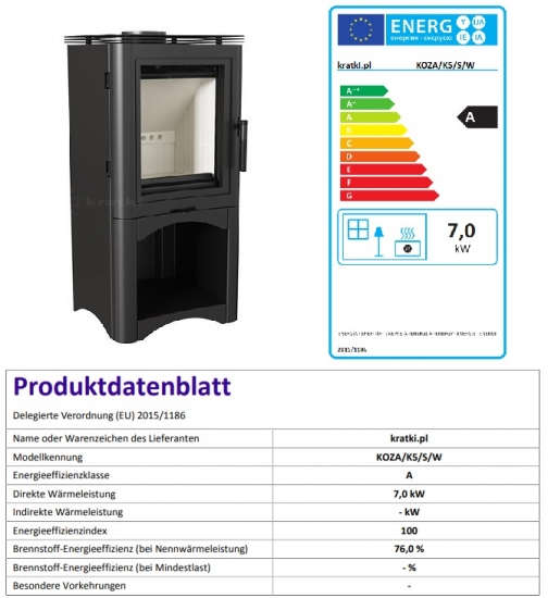 *EEK A - Stahl-Kaminofen Kratki KOZA K5 S W mit Holzfach - 7 kW