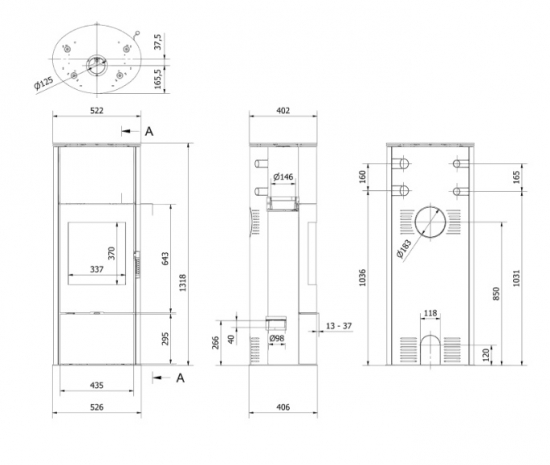 *EEK A Runder Kaminofen Kratki ROLLO Hoch Ø 150 - 7 kW
