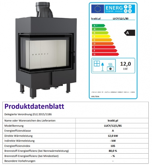 *EEK A - Eck-Kamineinsatz Kratki LUCY/12/L/BS mit Seitenglas links - 12kW