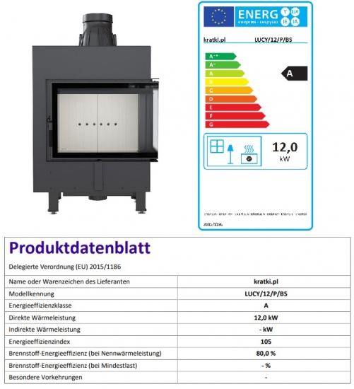 *EEK A - Eck-Kamineinsatz Kratki LUCY/12/P/BS mit Seitenglas rechts - 12kW