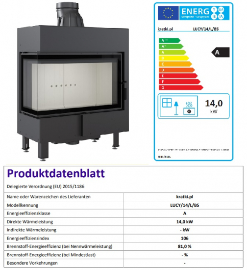 EEK A - Eck-Kamineinsatz Kratki LUCY/14/L/BS mit Seitenglas links - 14kW
