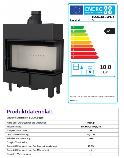 EEK A+ Eck-Kamineinsatz Kratki LUCY/14/SLIM/P/BS mit Seitenglas rechts - 10kW