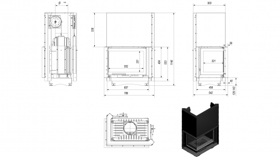 EEK A - Eck-Guss-Kamineinsatz Kratki MAJA/L/BS/150/G !RR150mm! Hebetür mit Seitenglas links - 8kW + BIMSCHV II