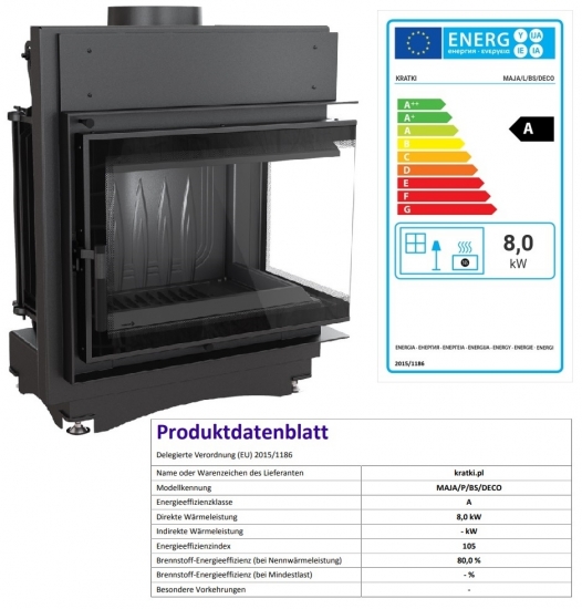 EEK A - Eck-Guss-Kamineinsatz Kratki MAJA/P/BS/DECO mit Seitenglas rechts - 8kW + BIMSCHV II