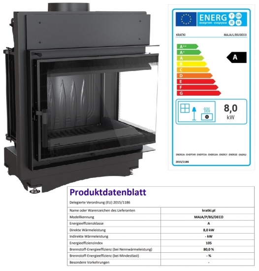 *EEK A - Eck-Guss-Kamineinsatz Kratki MAJA/P/BS/DECO mit Seitenglas rechts - 8kW + BIMSCHV II