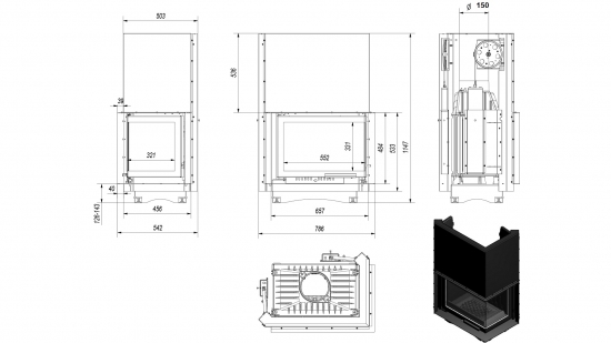 *EEK A - Eck-Guss-Kamineinsatz Kratki MAJA/P/BS/150/G !RR150mm! Hebetür mit Seitenglas rechts - 8kW + BIMSCHV II