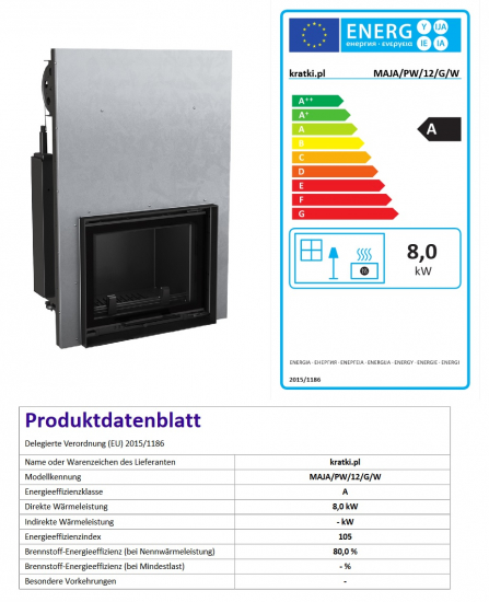 *EEK A+ Wasserführender Kamineinsatz Kratki MAJA/PW/12/G/W mit Hebetür + BIMSCHV II