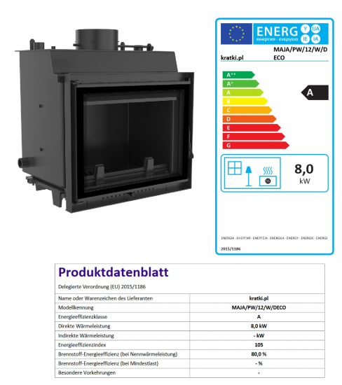*EEK A+ Wasserführender Kamineinsatz Kratki MAJA PW 12 DECO + BIMSCHV II