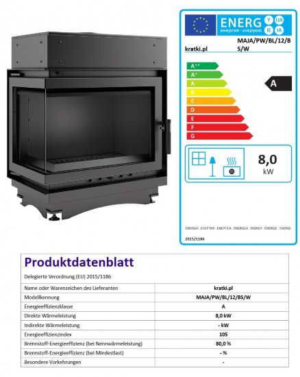 *EEK A+ Wasserführender Eck-Kamineinsatz Kratki MAJA/PW/BL/12/BS/W Seitenscheibe links + BIMSCHV II