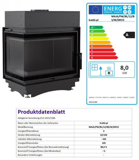 *EEK A+ Wasserführender Eck-Kamineinsatz Kratki MAJA PW 12 DECO Seitenglas links + BIMSCHV II