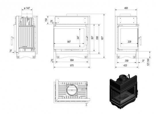 *EEK A - Eck-Guss-Kamineinsatz Kratki MAJA/L/BS !RR150mm! mit Seitenglas links - 8kW + BIMSCHV II
