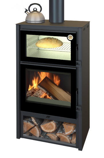 EEK A+ Kaminofen Modena LUX mit XXL-Edelstahlbackfach, schwarz - 7,4kW