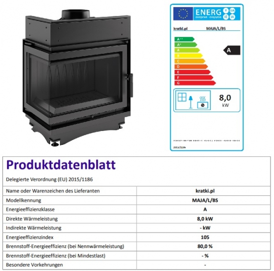 *EEK A - Eck-Guss-Kamineinsatz Kratki MAJA/L/BS mit Seitenglas links - 8kW + BIMSCHV II