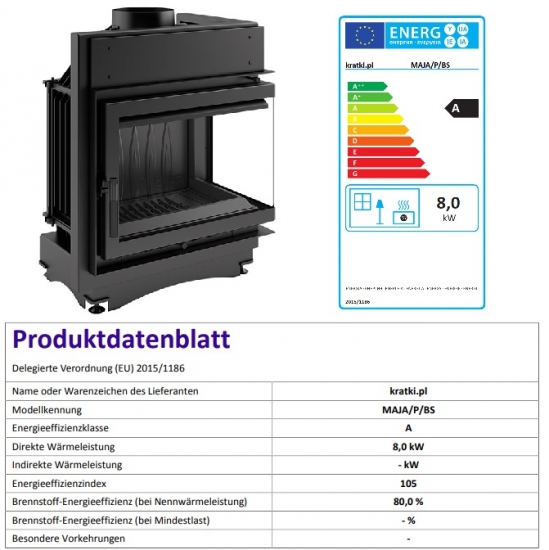 *EEK A - Eck-Guss-Kamineinsatz Kratki MAJA/P/BS mit Seitenglas rechts - 8kW + BIMSCHV II