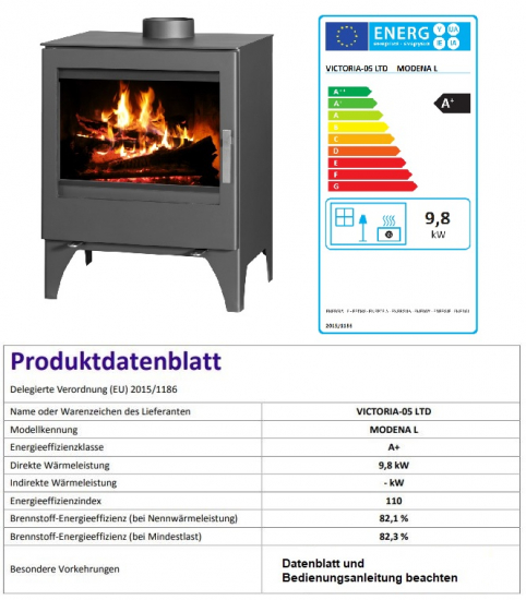 EEK A+ Kaminofen Victoria Modena L schwarz - 9,76kW mit XXL-Sichtscheibe + Zulassung AT