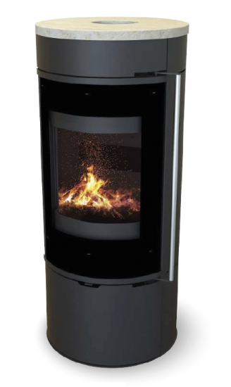 EEK A+ Runder Premium-Kaminofen Montreal S mit Natursteintopplatte, schwarz - 6,3 kW