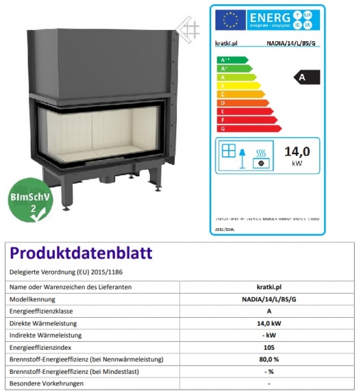 EEK A - Eck-Kamineinsatz Kratki NADIA/14/L/BS/G mit Schiebetür und Seitenscheibe links - 14 kW