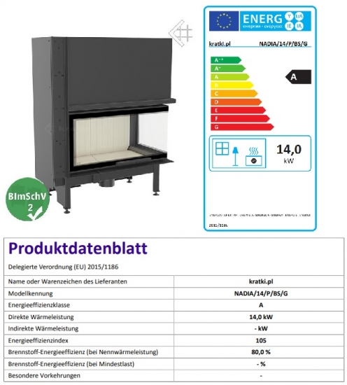 EEK A - Eck-Kamineinsatz Kratki NADIA/14/P/BS/G mit Schiebetür und Seitenglas rechts - 14 kW