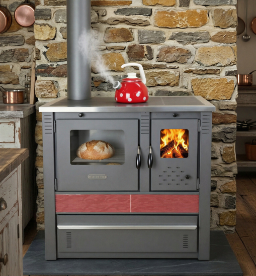 Küchenofen Holzherd PANONIA Kacheln bordeaux, linke Version - 8,5 kW Dauerbrandherd