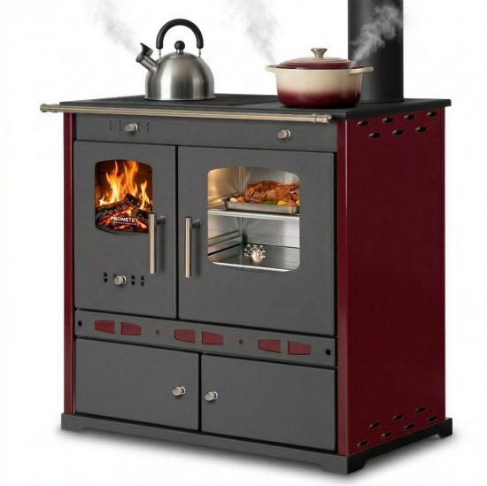 EEK A+ Küchenofen Holzherd ECO LUX INOX, Edelstahlbackfach, bordeaux, rechte Version - 7,1 kW