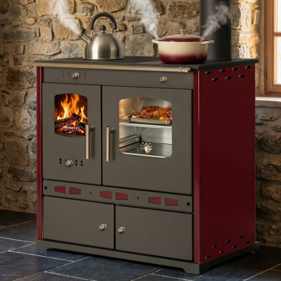 EEK A+ Küchenofen Holzherd ECO LUX INOX, Edelstahlbackfach, bordeaux, rechte Version - 7,1 kW