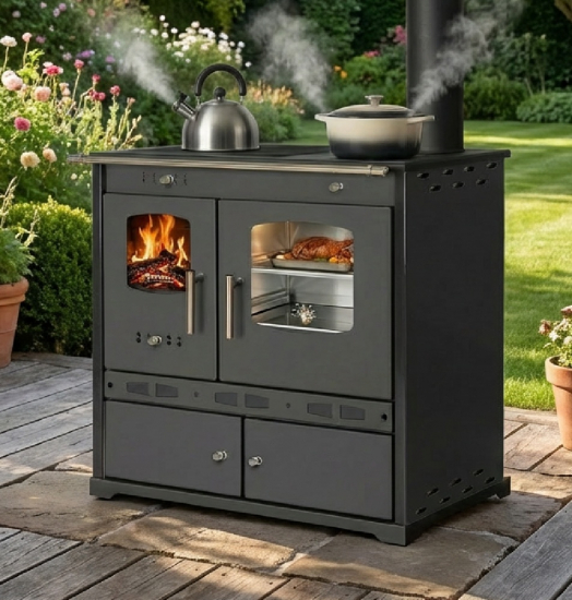 Outdoor-Küchenofen Gartenherd ECO LUX INOX, Edelstahlbackfach, schwarz, rechte Version