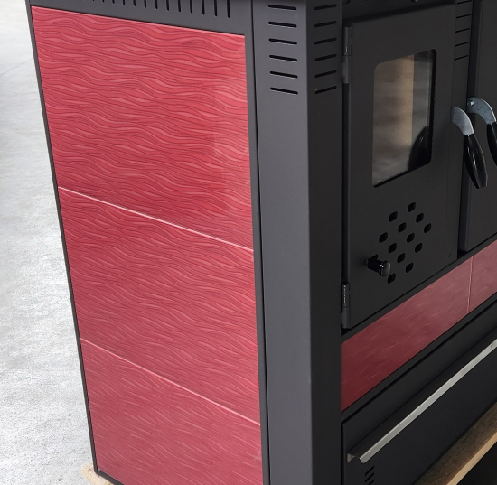 Küchenofen Holzherd PANONIA Kacheln bordeaux, rechte Version - 8,5 kW Dauerbrandherd