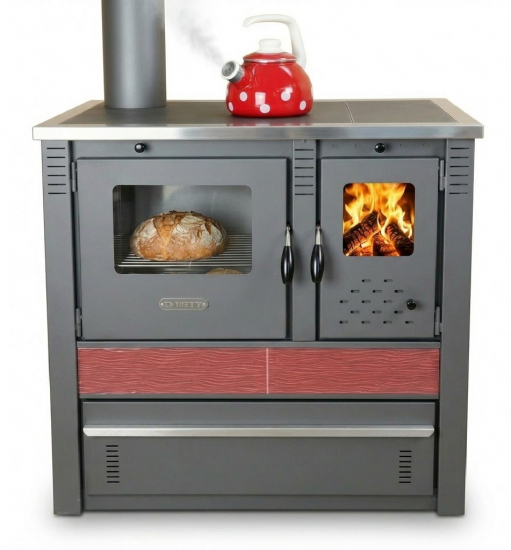 Küchenofen Holzherd PANONIA Kacheln bordeaux, linke Version - 8,5 kW Dauerbrandherd