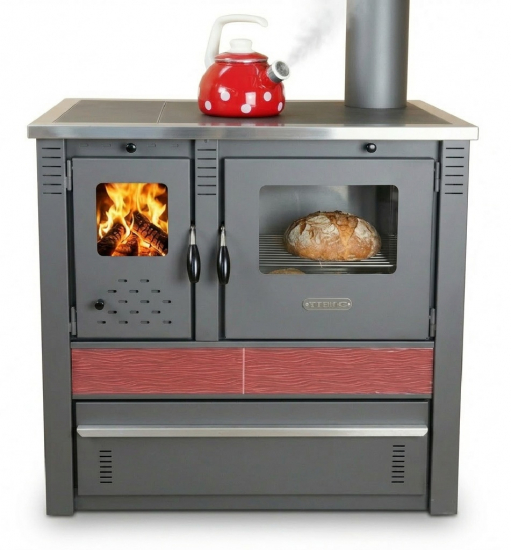 EEK A+ Küchenofen Holzherd PANONIA Kacheln bordeaux, rechte Version - 8,5 kW Dauerbrandherd