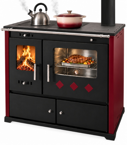 XL-Küchenofen Holzherd PR LUX INOX bordeaux, rechts mit Edelstahlbackfach - 9,4 kW