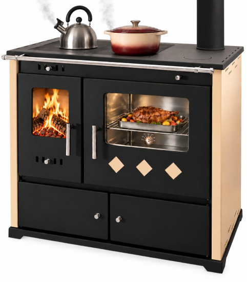 XL-Küchenofen Holzherd PR LUX INOX creme, rechts mit Edelstahlbackfach - 9,4 kW