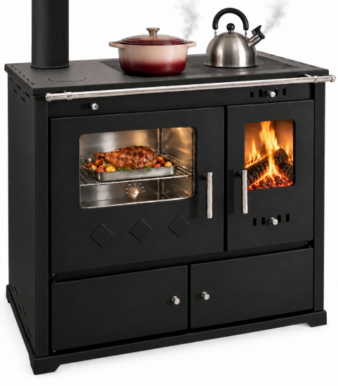 XL-Küchenofen Holzherd PR LUX INOX schwarz links mit Edelstahlbackfach - 9,4 kW