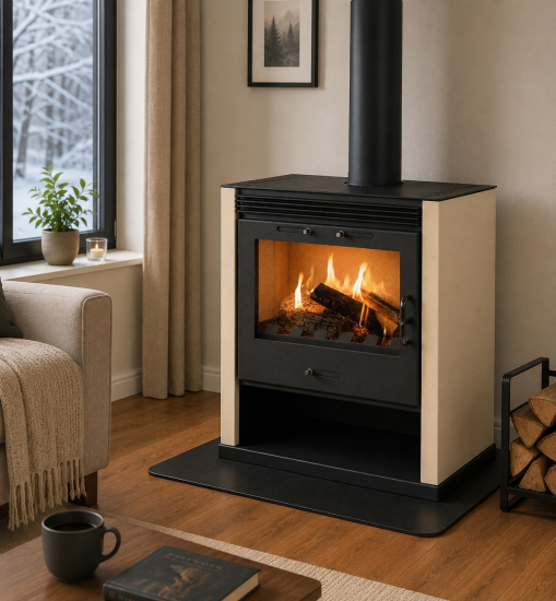 EEK A Kaminofen Victoria Rubin elfenbein mit XXL-Sichtscheibe BA2 – 11kW