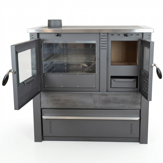 EEK A+ Küchenofen Holzherd PANONIA Kacheln schwarz, linke Version - 8,5 kW Dauerbrandherd